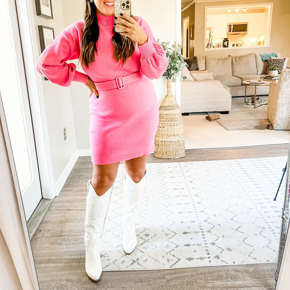 Pink Belted Mini Dress with Statement Sleeves - Women's